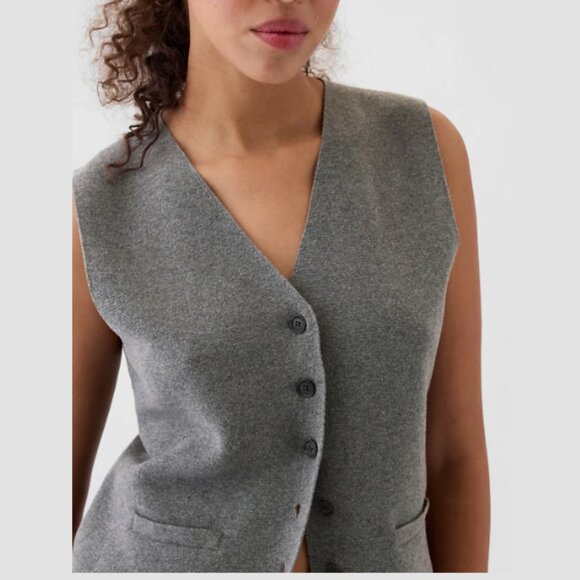 GAP CashSoft Sweater Vest Button Front V-Neck Textured Knit Grey Women's Medium - Picture 1 of 10